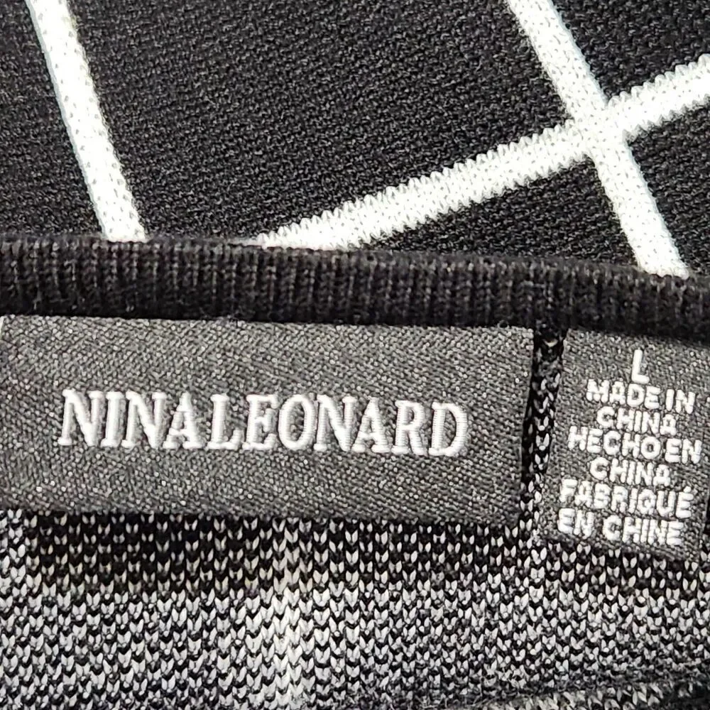Nina Leonard Dress Size Large Black And White Ballon sleeve Stretch NEW